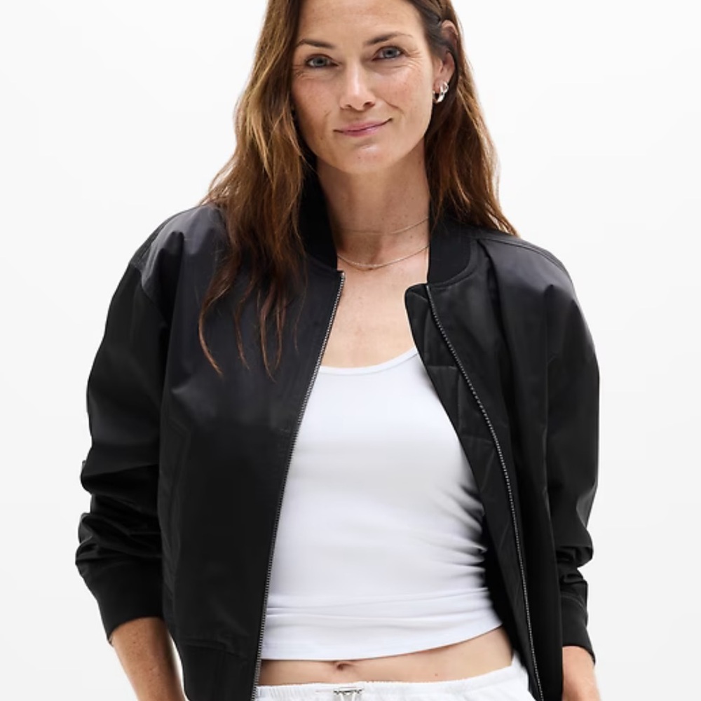 Athleta Black Sateen Bomber Jacket Size Large NWT